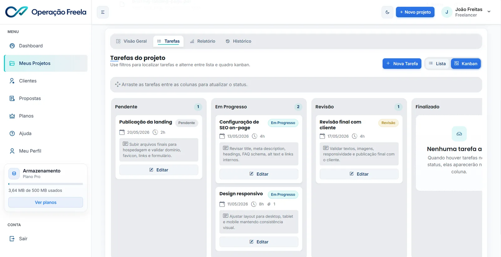 Kanban para freelancers com tarefas organizadas por status dentro do projeto
