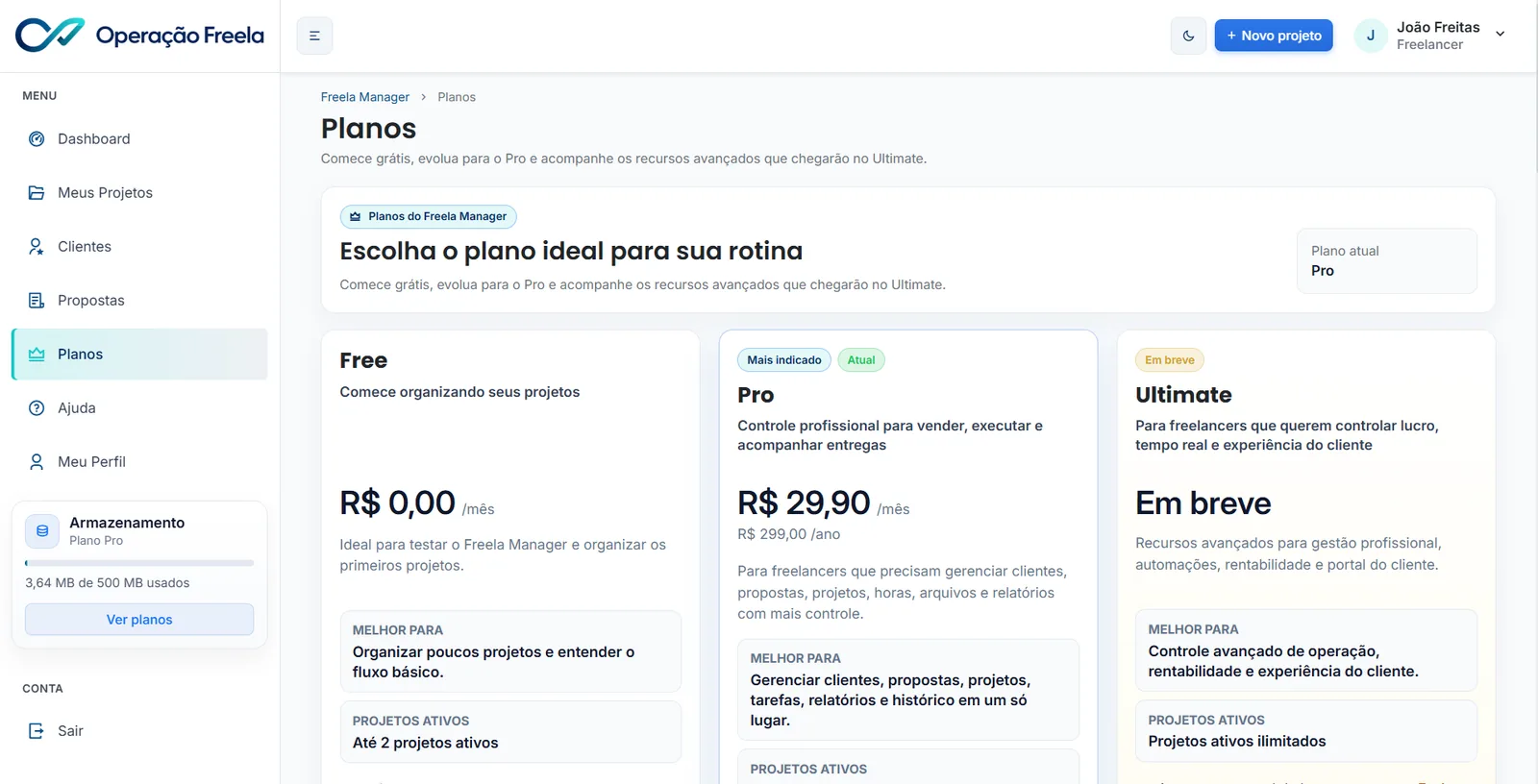 Tela de planos do Operação Freela com opções Free, Pro e Ultimate para freelancers